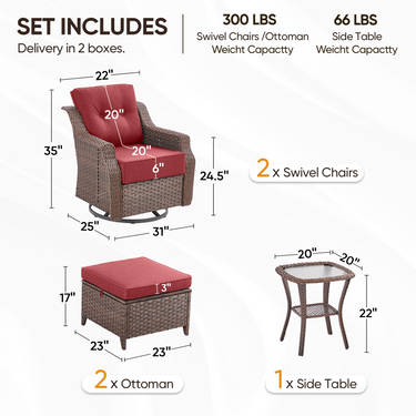 Belord 5-piece outdoor wicker patio conversation set with swivel glider chairs and ottomans in a stylish design.