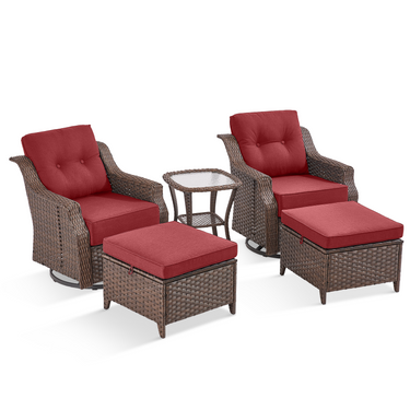 Belord 5-piece outdoor wicker patio conversation set with swivel glider chairs and ottomans in stylish design.