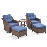 Belord OVOLO series 5-piece outdoor wicker patio conversation set with swivel glider chairs and ottomans, perfect for outdoor lounging.