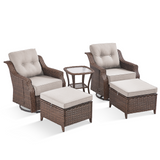 Belord 5-piece outdoor wicker swivel glider chairs and ottomans set from the OVOLO Series, perfect for patio conversation.