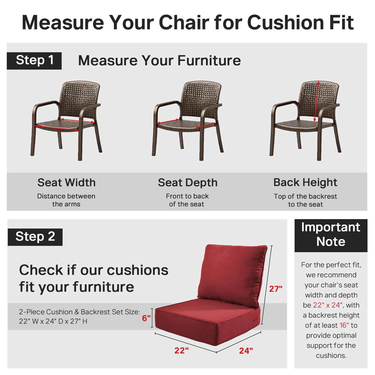 6" Thick Outdoor Cushions 22x24x6, 4-Set Deep Seat Patio Cushions with Removable Cover, Waterproof & Fade Resistant Replacement for Wicker Chair, Loveseat, Sofa