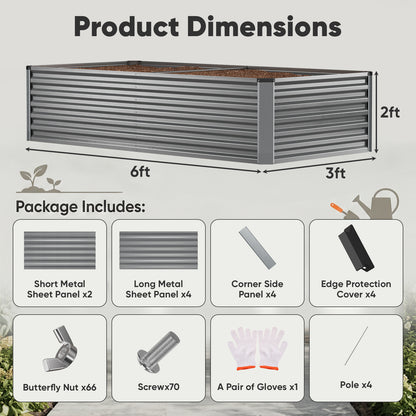 6x3x2ft Galvanized Raised Garden Bed, Outdoor Metal Planter Box with 269 Gallon Capacity for Vegetables, Herbs & Flowers