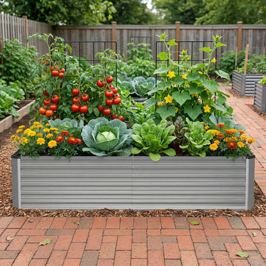 Silver Belord 8x4x2ft galvanized raised garden bed with metal planter walls and spacious 479-gallon soil capacity for outdoor gardening.