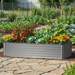 Silver galvanized raised garden bed by Belord, 6x3x2 ft outdoor metal planter box for vegetables, herbs, and flowers.