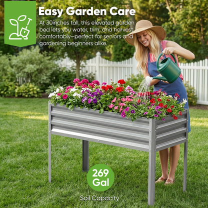 48x30x24in Elevated Raised Garden Bed with Legs, Galvanized Metal Planter for Vegetables, Herbs & Flowers