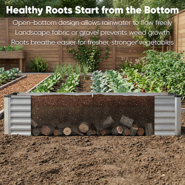 Silver Belord galvanized raised garden bed, 6x3x2 ft outdoor metal planter box with 269-gallon capacity for vegetables, herbs, and flowers.