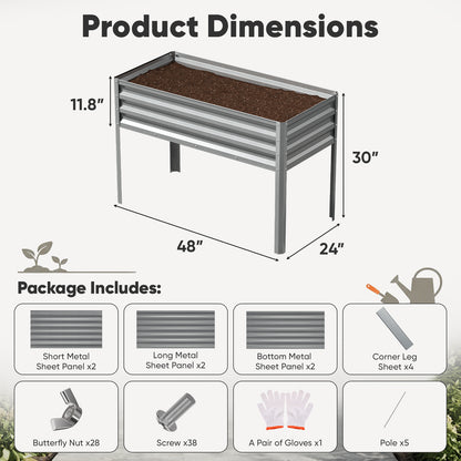 48x30x24in Elevated Raised Garden Bed with Legs, Galvanized Metal Planter for Vegetables, Herbs & Flowers
