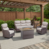Belord 6-inch cushion patio fire pit set with high-back swivel chairs, beige cushions, brown wicker frame, and rectangular fire table with wind guard.
