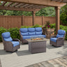 Belord small patio fire pit set with brown wicker swivel chairs, blue cushions, and rectangular fire table with wind guard.