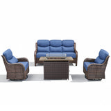 Belord 6-inch cushion small patio fire pit set with brown wicker swivel chairs and rectangular fire table with wind guard.
