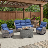 Upgraded 6-inch cushion patio fire pit set with high back swivel chairs and rectangular fire table with wind guard in grey wicker and blue cushions.