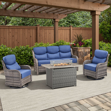 Upgraded 6-inch cushion patio fire pit set with high back swivel chairs and rectangular fire table with wind guard in grey wicker and blue cushions.