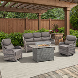 Belord 6-inch cushion patio fire pit set with gray wicker swivel chairs and rectangular fire table with wind guard for outdoor lounging