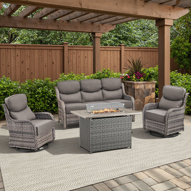 Belord 6-inch cushion patio fire pit set with gray wicker swivel chairs and rectangular fire table with wind guard for outdoor lounging