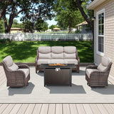 Belord 6-inch cushion patio fire pit set with high-back swivel chairs and rectangular fire table with wind guard in brown wicker.