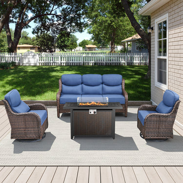 Belord 6-inch cushion small patio fire pit set with brown wicker swivel chairs and rectangular fire table with wind guard.