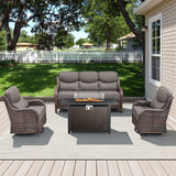 Belord 6-inch cushion patio fire pit set with high-back swivel chairs and rectangular fire table with wind guard in brown wicker and grey cushions.