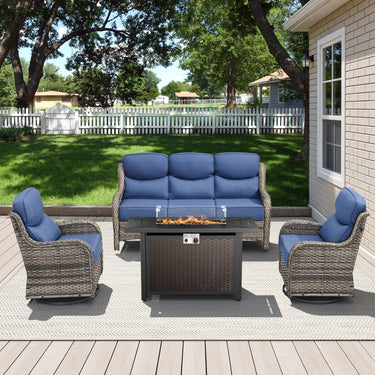 Upgraded 6" Cushion Small Patio Fire Pit Set – High Back Swivel Chairs + Rectangular Fire Table with Wind Guard - Belord