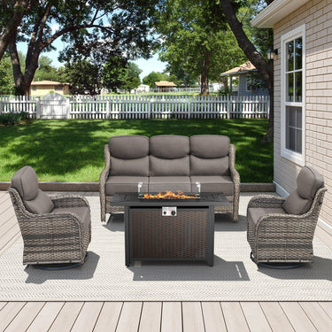 Belord 6-inch cushion patio fire pit set with high-back swivel chairs and rectangular fire table with wind guard in grey wicker.