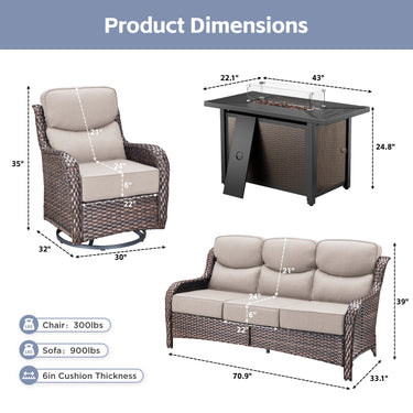 Belord 6-inch cushion patio fire pit set with high-back swivel chairs and rectangular fire table with wind guard, metal and rattan design