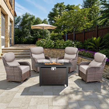Belord 6-inch cushion patio fire pit set with swivel chairs and rectangular fire table, brown wicker with beige cushions and wind guard.