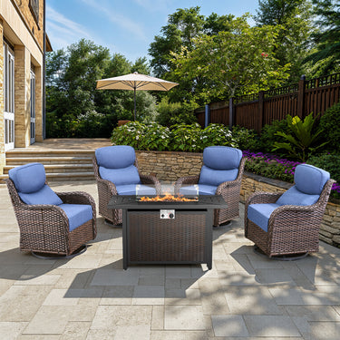 Belord 6-inch cushion patio fire pit set with high-back swivel chairs and rectangular fire table with wind guard in brown wicker and blue cushions.