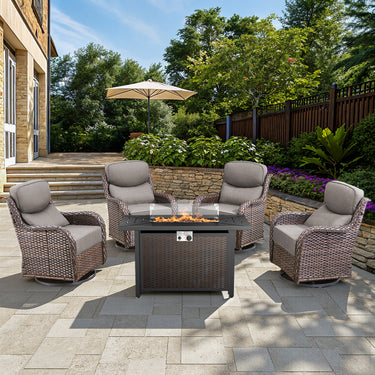 Belord 6-inch cushion patio fire pit set with high-back swivel chairs and rectangular fire table with wind guard, brown wicker and grey cushions.