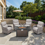 Belord 6-inch cushion patio fire pit set with high-back swivel chairs and rectangular fire table with wind guard in beige and mixed grey wicker.