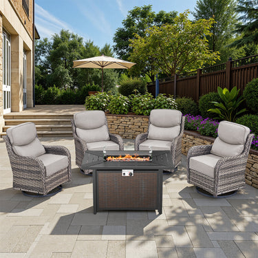 Belord 6-inch cushion patio fire pit set with high-back swivel chairs and rectangular fire table with wind guard in beige and mixed grey wicker.