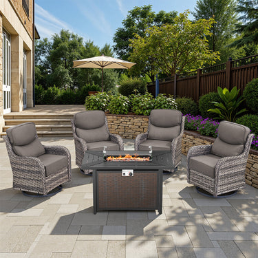 Belord 6-inch cushion patio fire pit set with high-back swivel chairs and rectangular fire table with wind guard in grey wicker and cushions