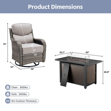 Belord 6-inch cushion patio fire pit set with high-back swivel chairs and rectangular fire table with wind guard, metal design.