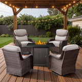 Belord 6-inch cushion patio fire pit set with high-back swivel chairs and rectangular fire table with wind guard in brown wicker and beige cushions.
