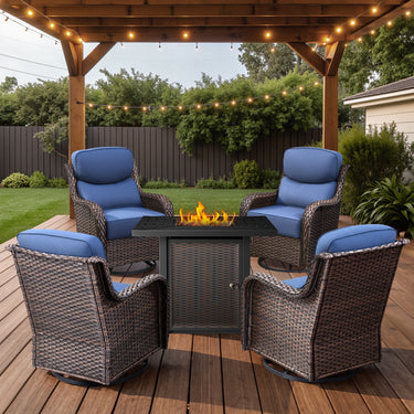 Belord 6-inch cushion patio fire pit set with brown wicker swivel chairs and rectangular fire table with wind guard, outdoor patio furniture