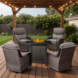 Belord 6-inch cushion patio fire pit set with high-back swivel chairs and rectangular fire table with wind guard in brown wicker and grey cushions.