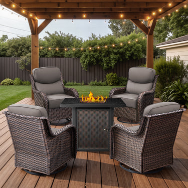 Belord 6-inch cushion patio fire pit set with high-back swivel chairs and rectangular fire table with wind guard in brown wicker and grey cushions.
