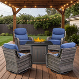 Upgraded 6" Cushion Small Patio Fire Pit Set – High Back Swivel Chairs + Rectangular Fire Table with Wind Guard - Belord