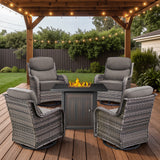 Belord 6-inch cushion small patio fire pit set with high back swivel chairs and rectangular fire table with wind guard in grey wicker