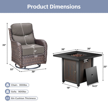Belord 6-inch cushion patio fire pit set with high-back swivel chairs and rectangular fire table with wind guard, metal design