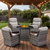 Belord 6-inch cushion patio fire pit set with high-back swivel chairs, rectangular fire table, wind guard, in beige cushions and mixed grey wicker