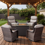 Belord 6-inch cushion patio fire pit set with high-back swivel chairs and rectangular fire table with wind guard in brown wicker and beige cushions.