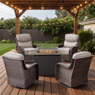 Belord 6-inch cushion patio fire pit set with high-back swivel chairs and rectangular fire table with wind guard in brown wicker and beige cushions.