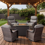 Belord 6-inch cushion patio fire pit set with brown wicker swivel chairs and rectangular fire table with wind guard, outdoor seating.