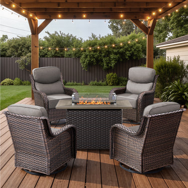 Belord 6-inch cushion patio fire pit set with brown wicker swivel chairs and rectangular fire table with wind guard, outdoor seating.