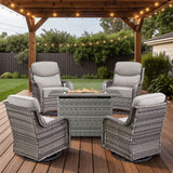 Belord 6-inch cushion small patio fire pit set with high-back swivel chairs and rectangular fire table with wind guard in grey wicker.