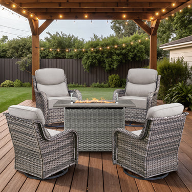 Belord 6-inch cushion small patio fire pit set with high-back swivel chairs and rectangular fire table with wind guard in grey wicker.