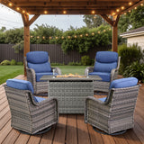 Upgraded 6" Cushion Small Patio Fire Pit Set – High Back Swivel Chairs + Rectangular Fire Table with Wind Guard - Belord