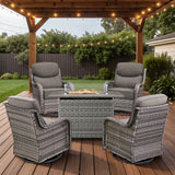Belord 6-inch cushion patio fire pit set with high back swivel chairs and rectangular fire table with wind guard in grey wicker