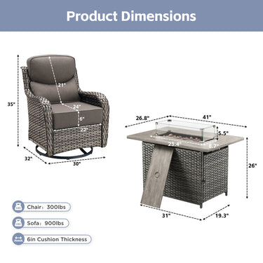 Belord 6-inch cushion patio fire pit set with high-back swivel chairs and rectangular fire table with wind guard.