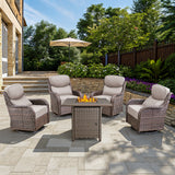 Belord 6-inch cushion small patio fire pit set with brown wicker swivel chairs and rectangular fire table with wind guard.
