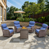 Belord 6-inch cushion patio fire pit set with brown wicker swivel chairs and rectangular fire table with wind guard for outdoor warmth